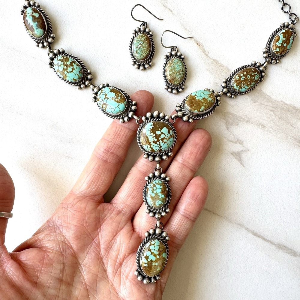 Navajo Lariat Y Necklace #8 Mine Turquoise Signed Spencer Sterling Native Amer